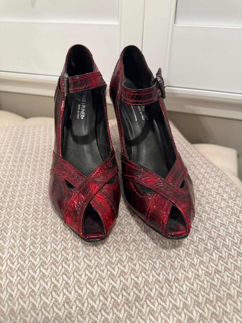 Donald J. Pliner Red Metallic Crisscross Peep-Toe Heels